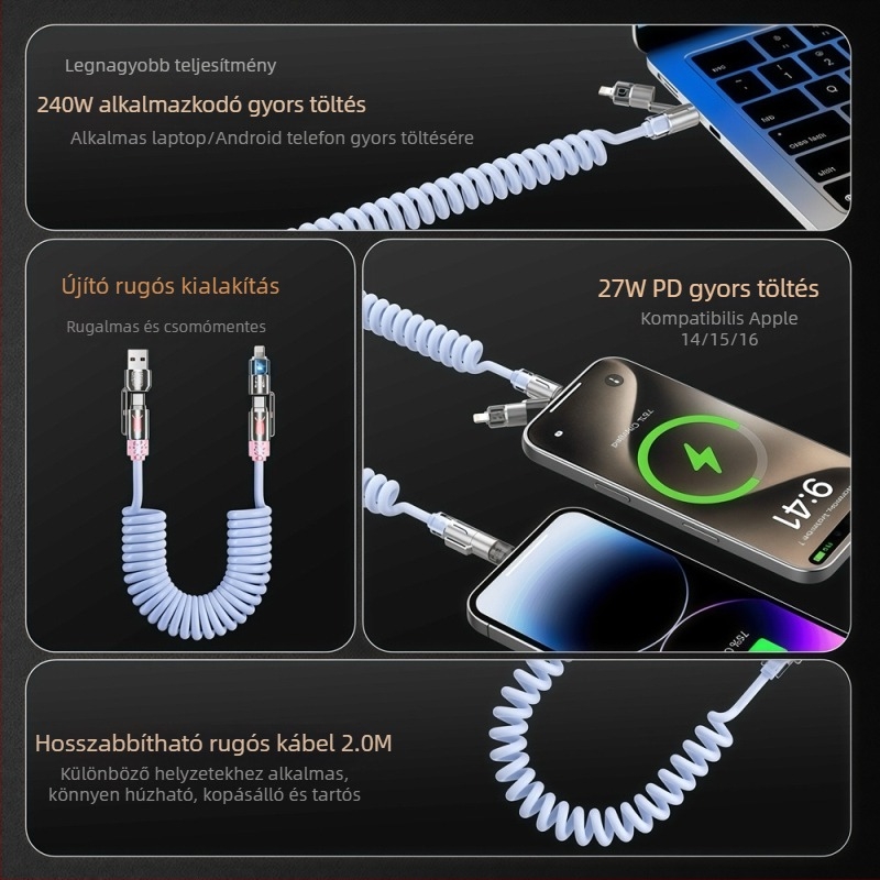 Collar craftsman 4 az 1-ben behúzható autós adatkábel Lightning, Micro USB és Type-C – PD gyorstöltés, 240W-ig, hossz 1–2 m, PVC