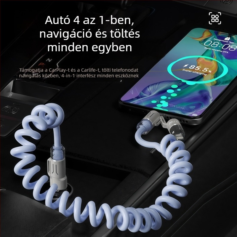 Collar craftsman 4 az 1-ben behúzható autós adatkábel Lightning, Micro USB és Type-C – PD gyorstöltés, 240W-ig, hossz 1–2 m, PVC