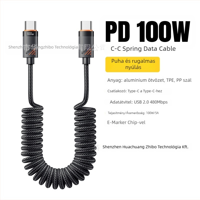 Presser Type-C PD gyors töltőkábel, 60W/100W, alumíniumötvözet + TPE + PP fonal, egy csatlakozó fej