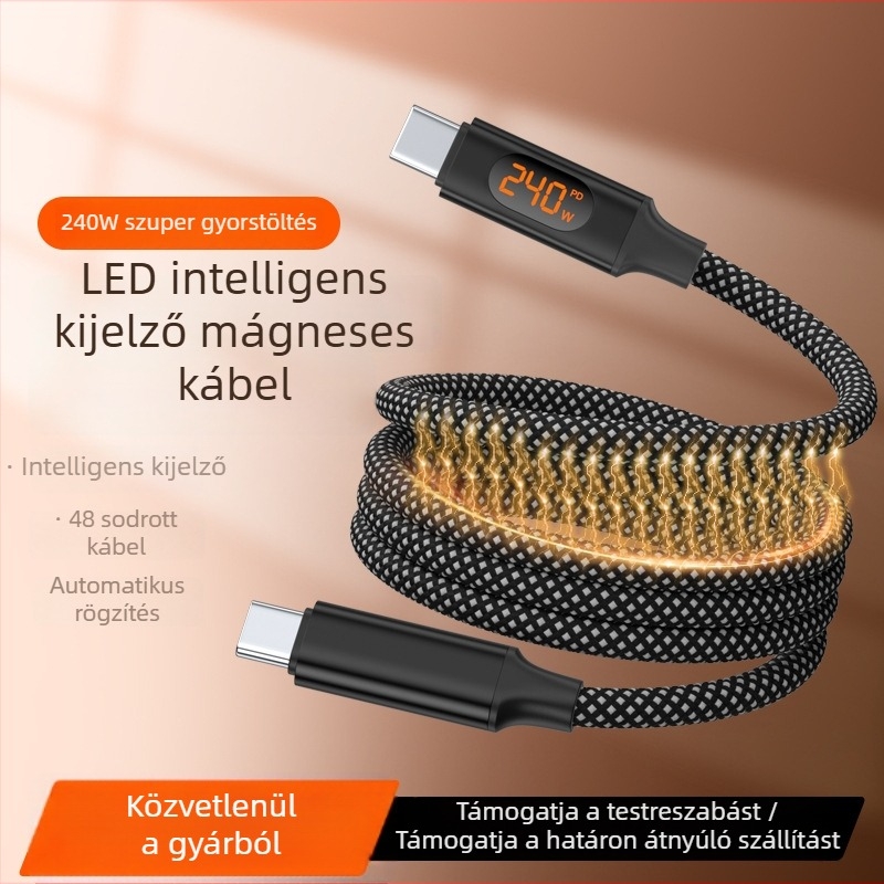 Mágneses 240W USB-C gyorstöltés adatkábel digitális kijelzővel, kompatibilis Apple, Huawei és Xiaomi laptopokkal és tabletekkel