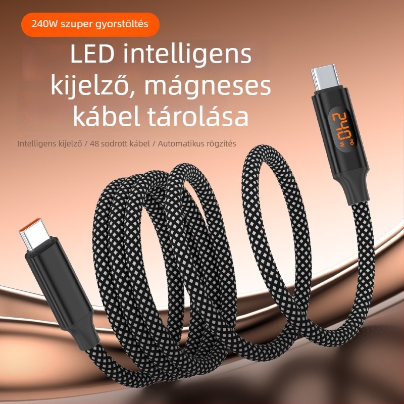 Mágneses 240W USB-C gyorstöltés adatkábel digitális kijelzővel, kompatibilis Apple, Huawei és Xiaomi laptopokkal és tabletekkel