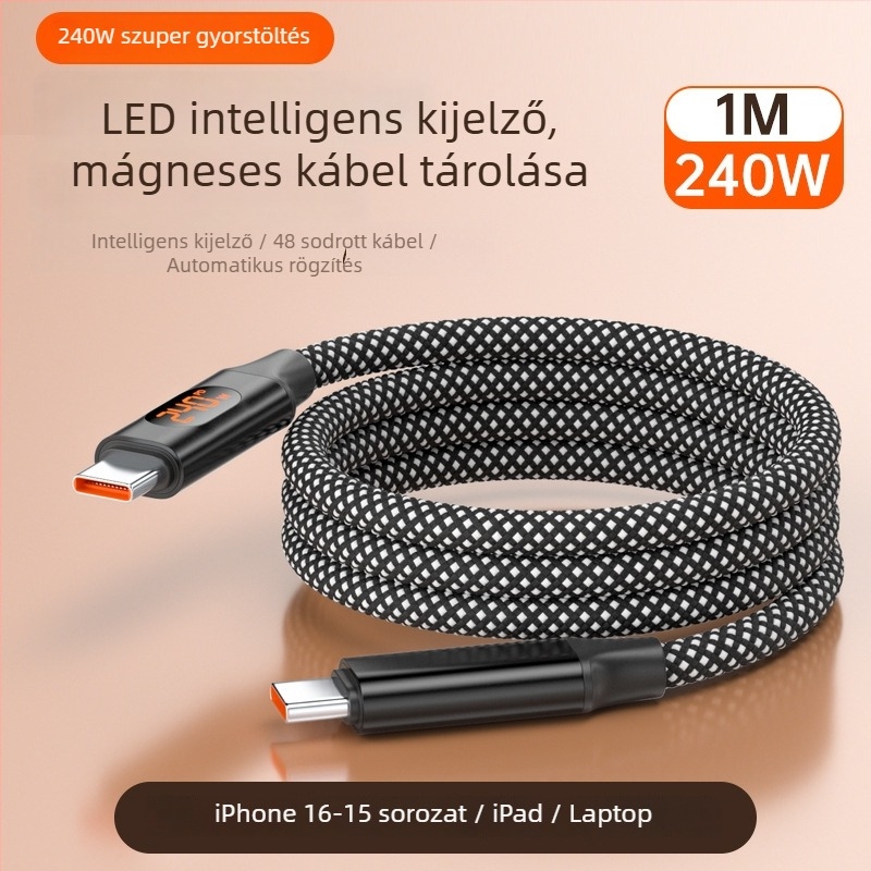 Mágneses 240W USB-C gyorstöltés adatkábel digitális kijelzővel, kompatibilis Apple, Huawei és Xiaomi laptopokkal és tabletekkel
