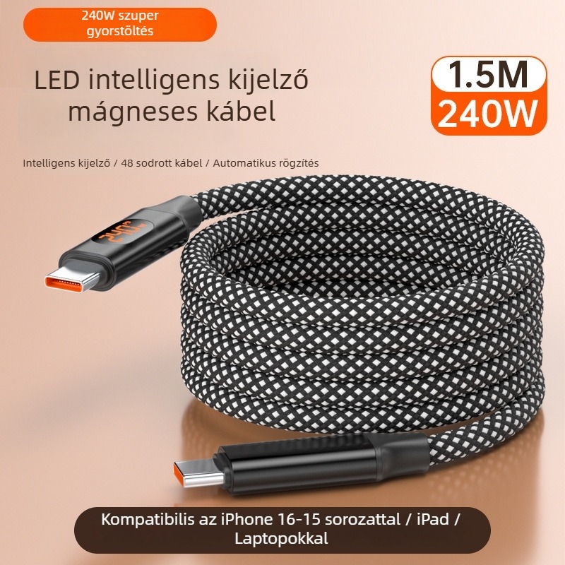 Mágneses 240W USB-C gyorstöltés adatkábel digitális kijelzővel, kompatibilis Apple, Huawei és Xiaomi laptopokkal és tabletekkel