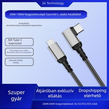 USB-C szövött jobb-szögű töltőkábel gyors töltéssel, 1–2 m, egyetlen csatlakozó, akár 100W, telefonok, tabletek és laptopok számára