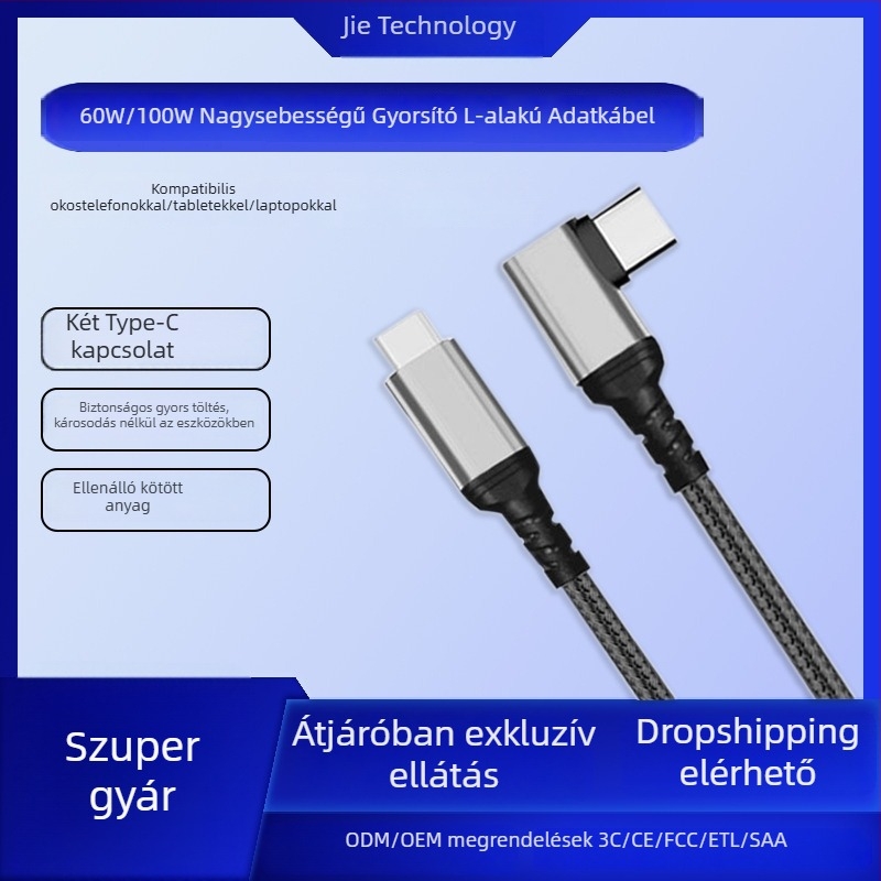 USB-C szövött jobb-szögű töltőkábel gyors töltéssel, 1–2 m, egyetlen csatlakozó, akár 100W, telefonok, tabletek és laptopok számára