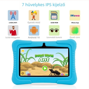 Androidos tanulótablet, Quad-Core ARM 1,5 GHz, 32GB Flash memória, IPS kijelző, Dual kamera