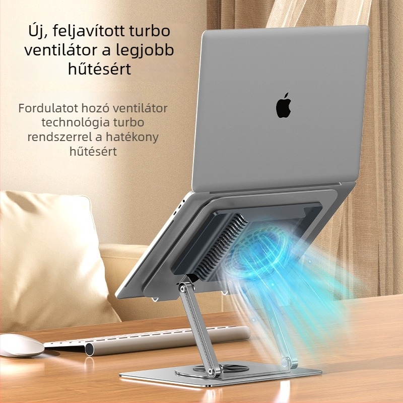 Forgó számítógépállvány hűtőventilátorral, szénacélból, modell L181, 1,64 kg, laptop hűtőállvány
