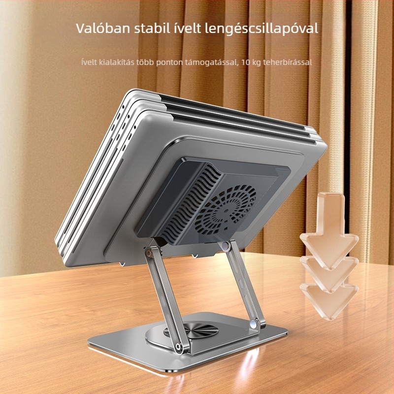 Forgó számítógépállvány hűtőventilátorral, szénacélból, modell L181, 1,64 kg, laptop hűtőállvány