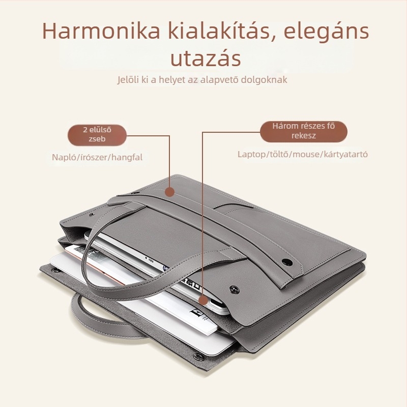 Akordeon-stílusú, nagy kapacitású tablet/Laptop táska, ultra könnyű PU anyag, belső szintetikus bőr bélés, uniszex