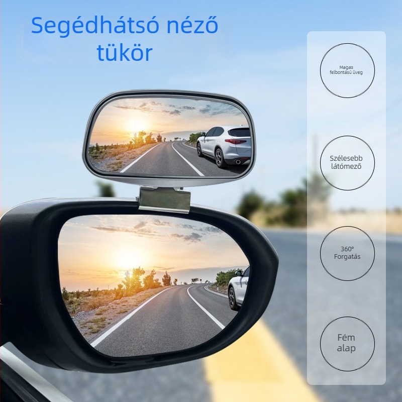 Két állítású segéd visszapillantó tükör autóhoz, 360°-os széles látómezővel tolatáshoz és holttér-észleléshez