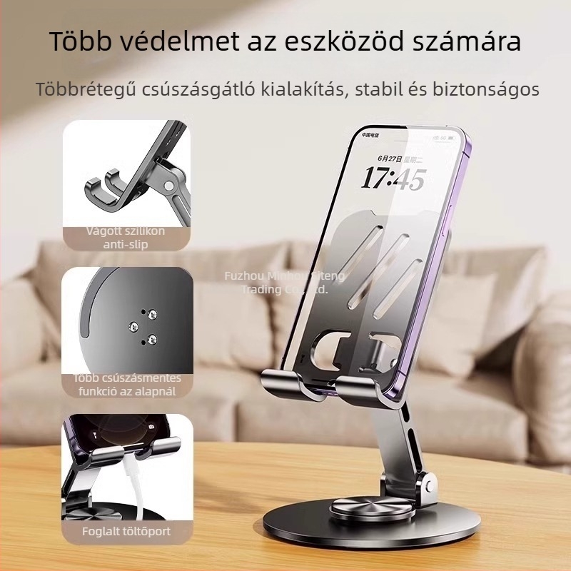 Fém asztali állvány telefonhoz és tabletához, hordozható, forgó és összecsukható