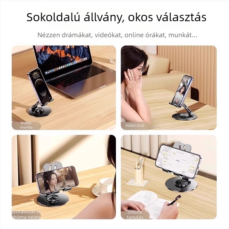 Fém asztali állvány telefonhoz és tabletához, hordozható, forgó és összecsukható