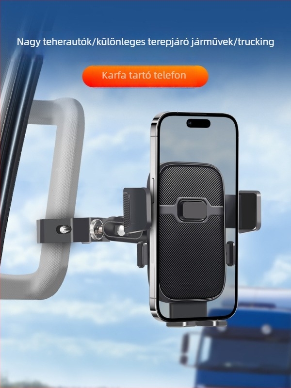 Teherautók és ásógépekhez készült telefonállvány — ütésálló autós tartó navigációhoz, rögzítés klipszel, kompatibilis napellenzővel, műszerfallal és belső tükörrel