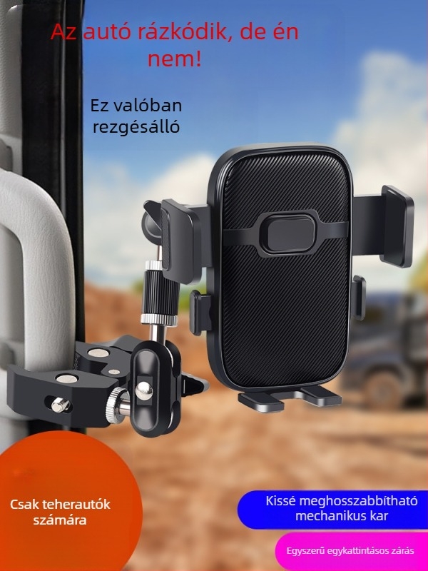 Teherautók és ásógépekhez készült telefonállvány — ütésálló autós tartó navigációhoz, rögzítés klipszel, kompatibilis napellenzővel, műszerfallal és belső tükörrel