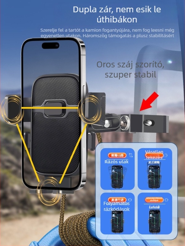 Teherautók és ásógépekhez készült telefonállvány — ütésálló autós tartó navigációhoz, rögzítés klipszel, kompatibilis napellenzővel, műszerfallal és belső tükörrel