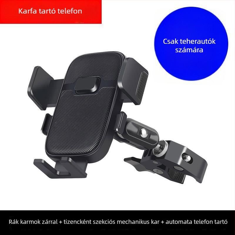 Teherautók és ásógépekhez készült telefonállvány — ütésálló autós tartó navigációhoz, rögzítés klipszel, kompatibilis napellenzővel, műszerfallal és belső tükörrel