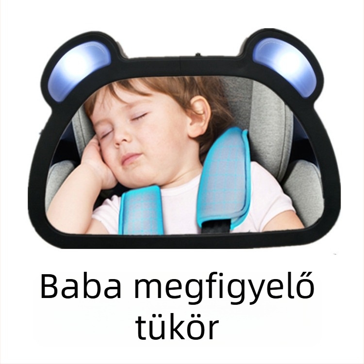 Belső autós tükör babáknak, 360°-os forgás, LED tükröző felület, gyermeküléshez