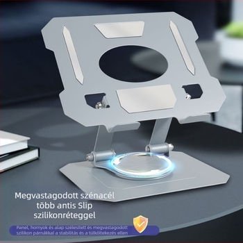 Teljesen fémből készült tabletához és telefonhoz való állvány 360°-os forgatással és integrált hűtőradiátorral, asztali használatra