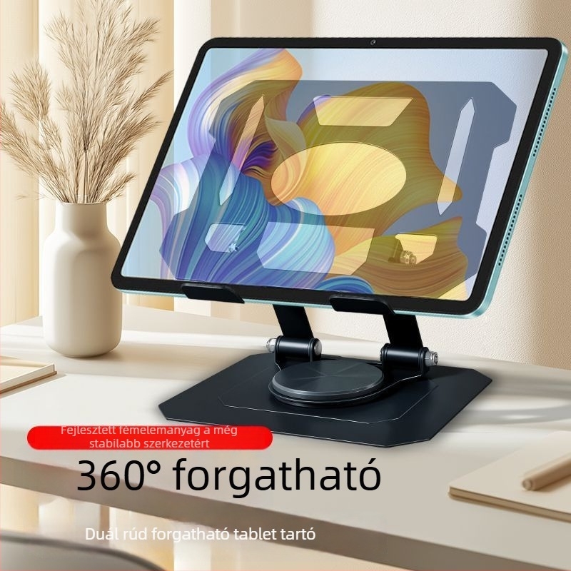 Teljesen fémből készült tabletához és telefonhoz való állvány 360°-os forgatással és integrált hűtőradiátorral, asztali használatra