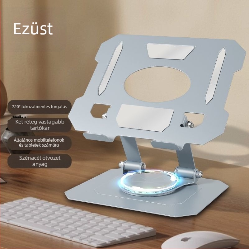 Teljesen fémből készült tabletához és telefonhoz való állvány 360°-os forgatással és integrált hűtőradiátorral, asztali használatra