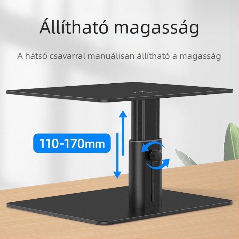 Ötvözött acélból készült monitor-emelő tartó, modell E6; súly 2,59 kg; magasság növelő funkció az egészségesebb iroda érdekében