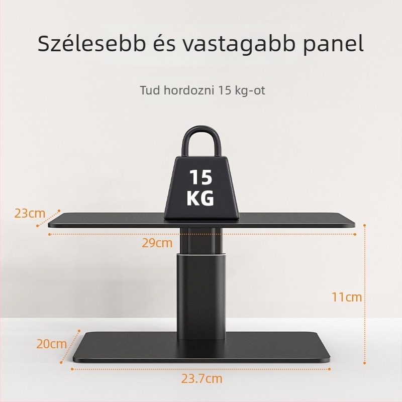 Ötvözött acélból készült monitor-emelő tartó, modell E6; súly 2,59 kg; magasság növelő funkció az egészségesebb iroda érdekében