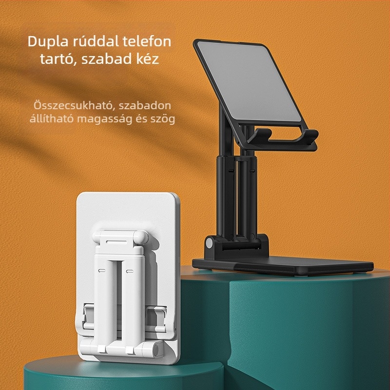 Asztali tartó telefonhoz és tablethez, modell X7, kettős karos összecsukható kialakítás, ABS + fém súly, rezgésálló, univerzális kompatibilitás