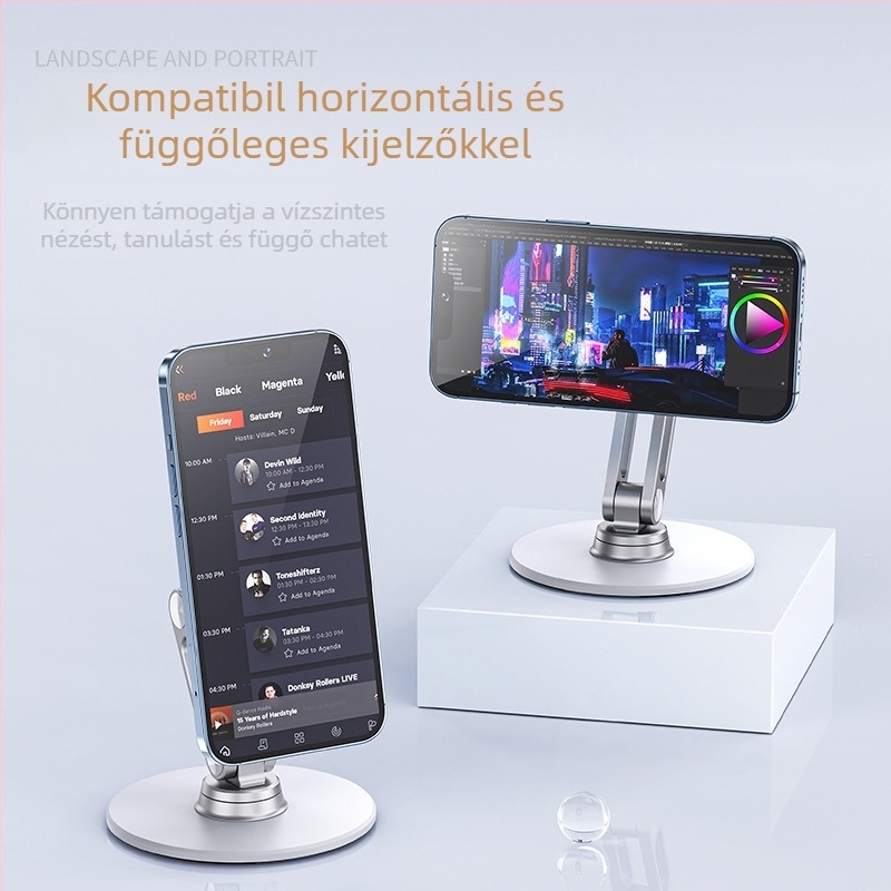 Mobiltelefon és tablet tartó, alumíniumötvözet, összecsukható forgatható állvány, modell L08mini-C, kompatibil az iPad és iPhone generációkkal