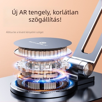 Ötvözetből készült alumínium összecsukható asztali állvány mobiltelefonokhoz és tabletekhez, forgatható fejjel livestream-hez; nettó tömeg 135 g; anódizált felület; CNC precíziós megmunkálás