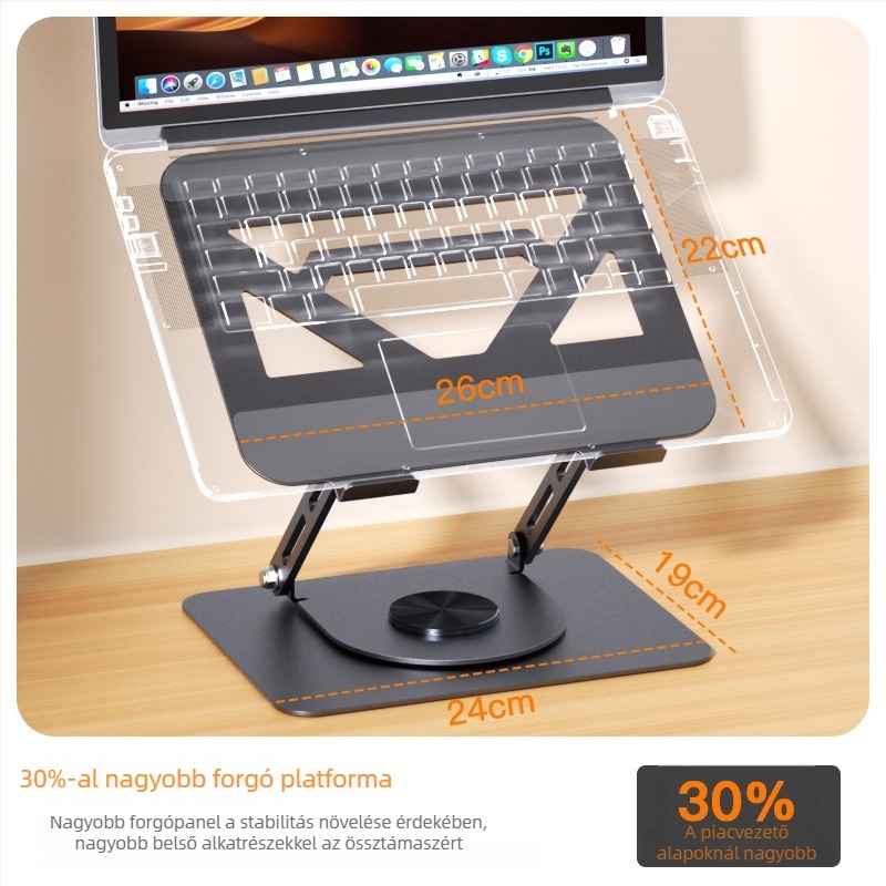 Asztali laptop-tartó, acélból, 360°-os forgó, modell H22, univerzális kompatibilitás, tömeg 1,93 kg, forgó kialakítás