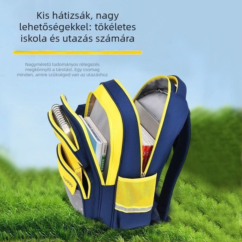 Iskolai gyerek hátizsák gerinc-támogatással és terheléscsökkentéssel, légáteresztő poliészter, ívelt vállpántok, macska minta