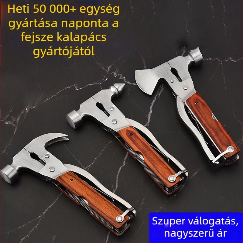Kempingezésre tervezett többfunkciós sürgősségi fejsze kalapács rozsdamentes acél fejjel és mahagóni fogantyúval, 0.4 kg