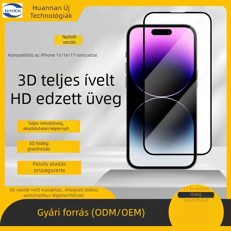 iPhone 13–17 sorozathoz tervezett edzett üveg kijelzővédő, 3D hajlított él, elülső HD magánéletvédelmet nyújtó