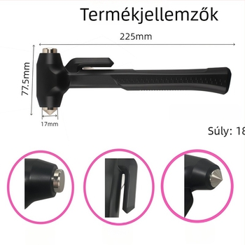 Autóhoz tervezett sürgősségi menekülőkalapács ablaktöréshez és öv vágásához, kétoldalas fej – hegyes és sík