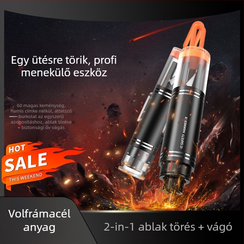 Autóba szerelhető vészhelyzeti ablak-törő kalapács, kétfunkciós mini hordozható mentőeszköz, 88 g, magas széntartalmú acél + alumínium ötvözet