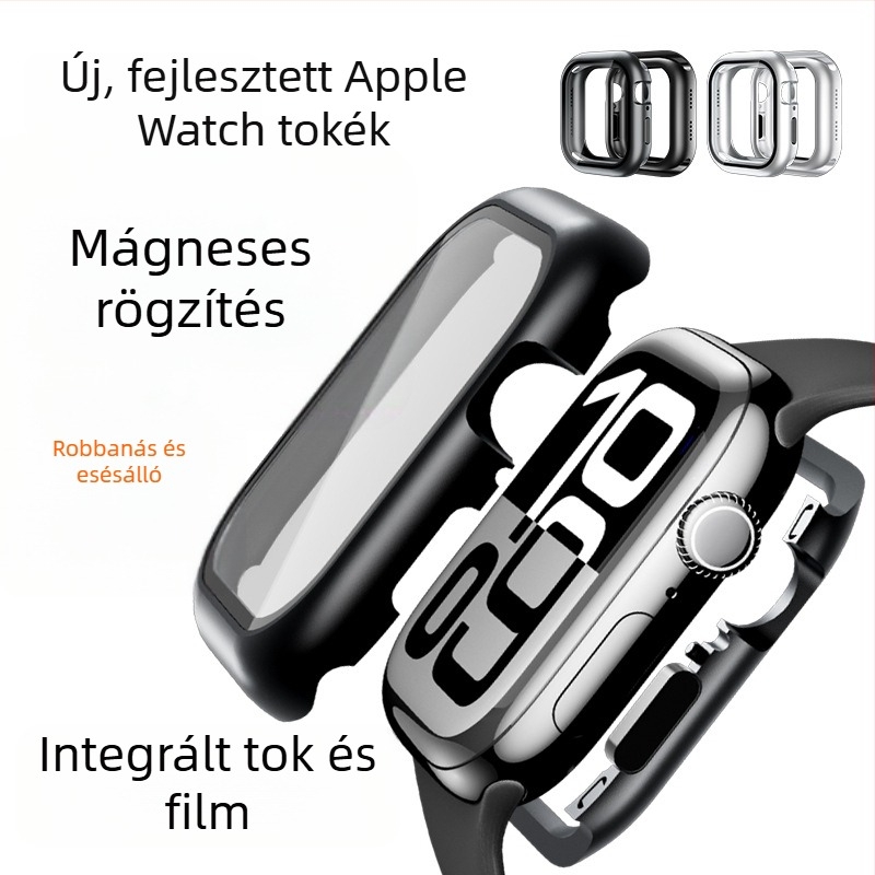 ELEMENTBOX Mágneses védőtok Apple Watch S10-hez integrált edzett üveggel, fém kivitel