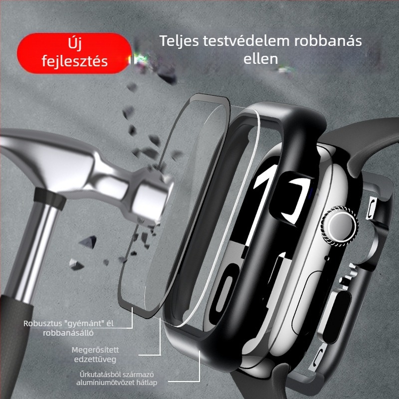 ELEMENTBOX Mágneses védőtok Apple Watch S10-hez integrált edzett üveggel, fém kivitel