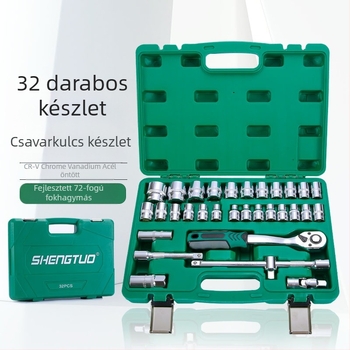 32-darabos sockets készlet gyertya kulccsal és racsival crom-vanádium acélból