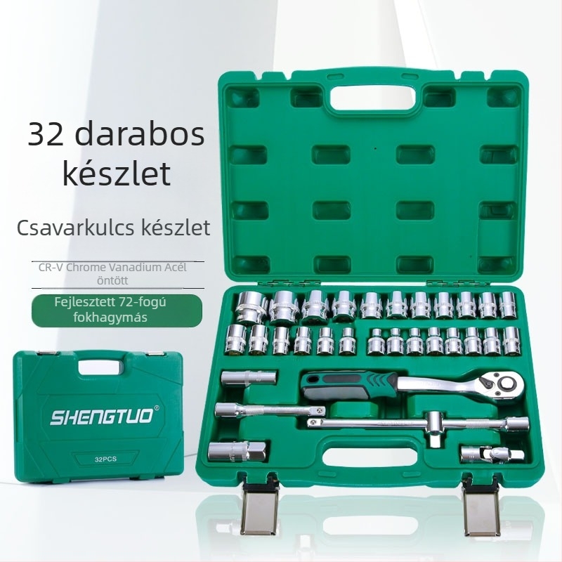 32-darabos sockets készlet gyertya kulccsal és racsival crom-vanádium acélból