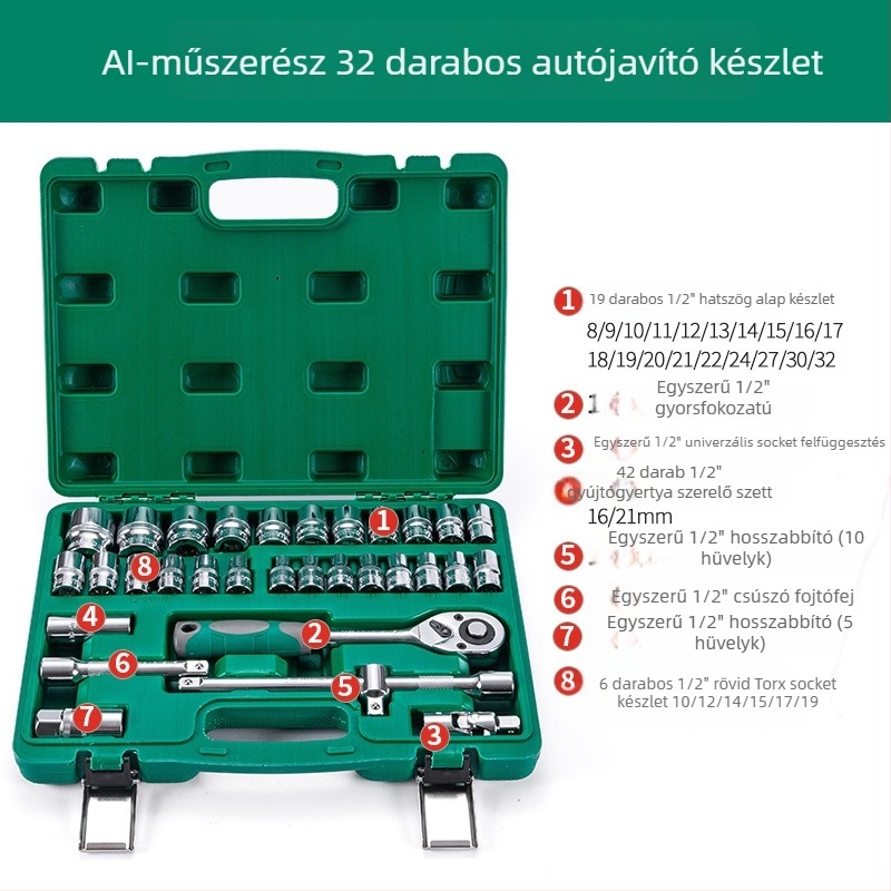 32-darabos sockets készlet gyertya kulccsal és racsival crom-vanádium acélból