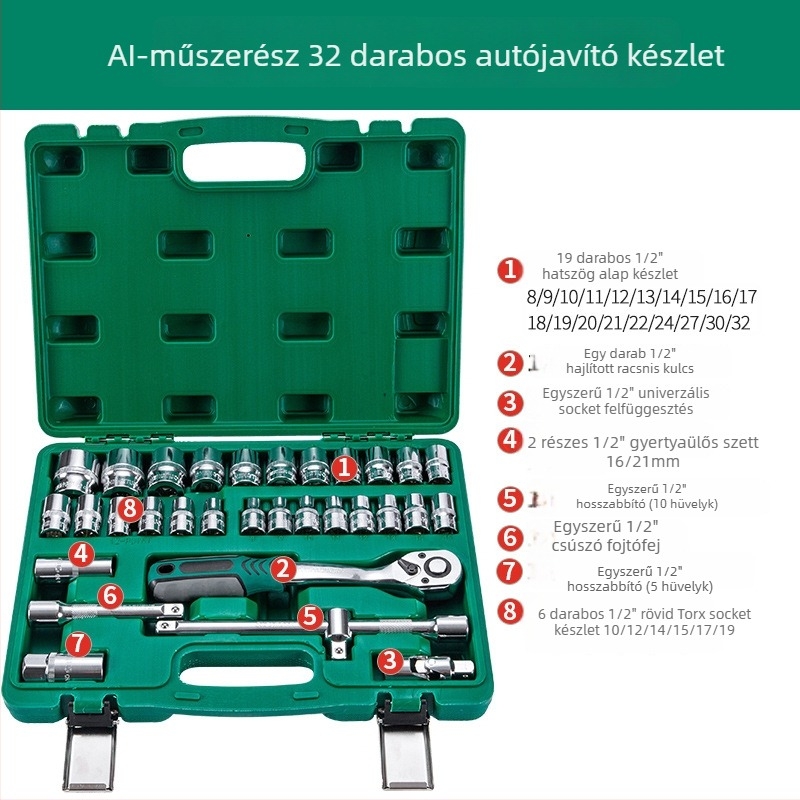 32-darabos sockets készlet gyertya kulccsal és racsival crom-vanádium acélból