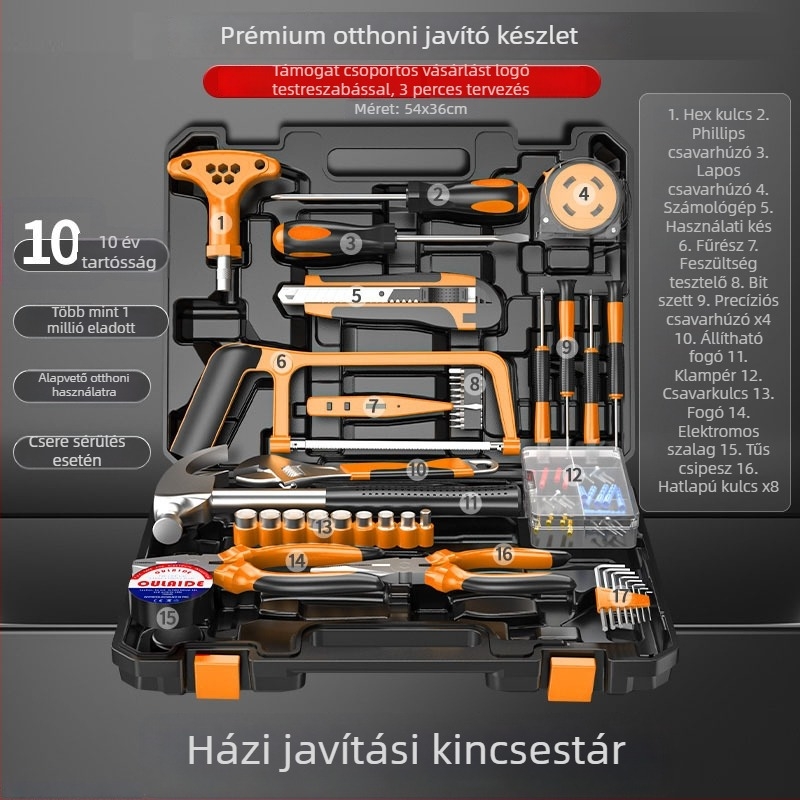 Junwei 82 darabos háztartási szerszámkészlet — kézi javításokra, magas széntartalmú acélból