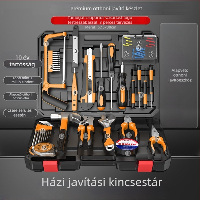 Junwei 82 darabos háztartási szerszámkészlet — kézi javításokra, magas széntartalmú acélból