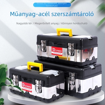 Műanyag‑acél szerszámosláda, dupla rétegű, hordozható autójavító és otthoni karbantartási tároló, keret PP műanyag + rozsdamentes acél
