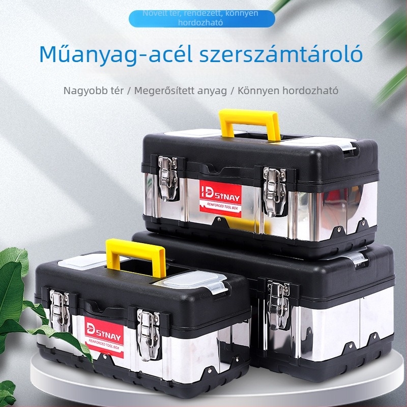 Műanyag‑acél szerszámosláda, dupla rétegű, hordozható autójavító és otthoni karbantartási tároló, keret PP műanyag + rozsdamentes acél