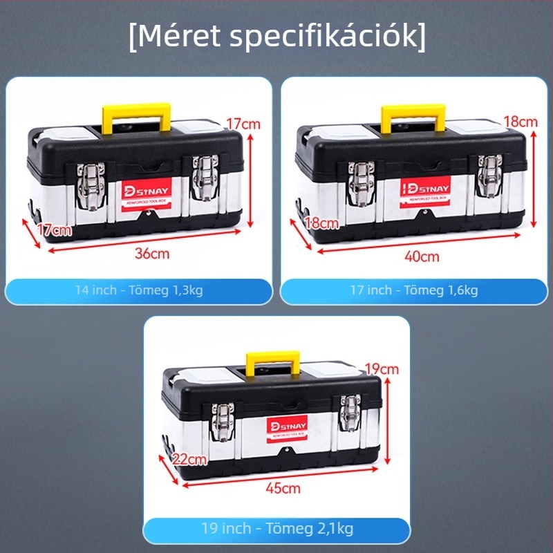 Műanyag‑acél szerszámosláda, dupla rétegű, hordozható autójavító és otthoni karbantartási tároló, keret PP műanyag + rozsdamentes acél