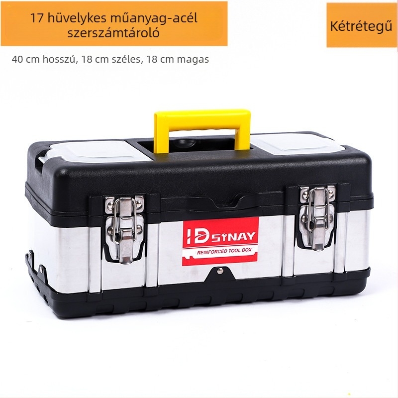 Műanyag‑acél szerszámosláda, dupla rétegű, hordozható autójavító és otthoni karbantartási tároló, keret PP műanyag + rozsdamentes acél