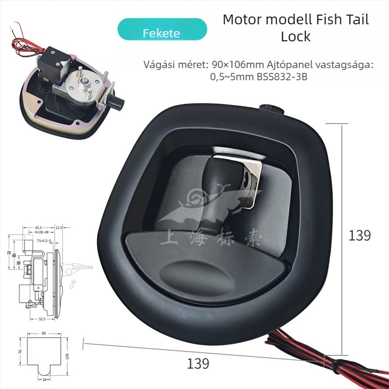 Autó ajtó kilincs zár elektromágneses fishtail dizájnnal, cink ötvözetből, kígyó cilinderrel, modell BSS832-3; kompatibil autókhoz, teherautókhoz, pickupokhoz, RV-khez és építőgépekhez.