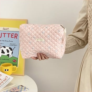 Kozmetikai táska nagy kapacitású, hordozható, quilted dizájn, külső anyag pamut, belső poliészter bélés, városi minimalist stílus, nőknek