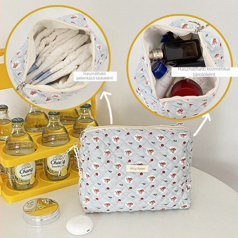 Kozmetikai táska nagy kapacitású, hordozható, quilted dizájn, külső anyag pamut, belső poliészter bélés, városi minimalist stílus, nőknek